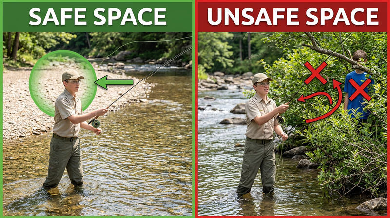 Side-by-side comparison showing a fly angler with safe clear casting space and eye protection versus an unsafe crowded casting lane with a person in the back-cast zone