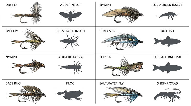 Illustrated comparison grid showing seven fly categories side by side: dry fly, wet fly, nymph, streamer, bass bug, popper, and saltwater fly, each with a representative silhouette and the kind of prey it imitates