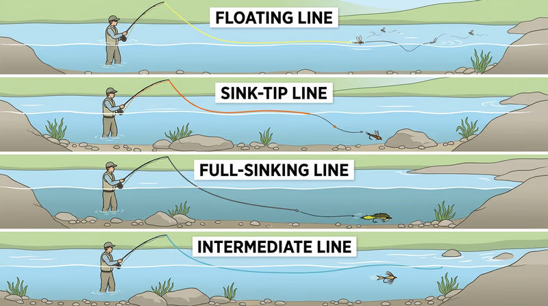 Comparison of floating, sink-tip, full-sinking, and intermediate fly lines showing where each rides in the water column and the kinds of presentations each supports