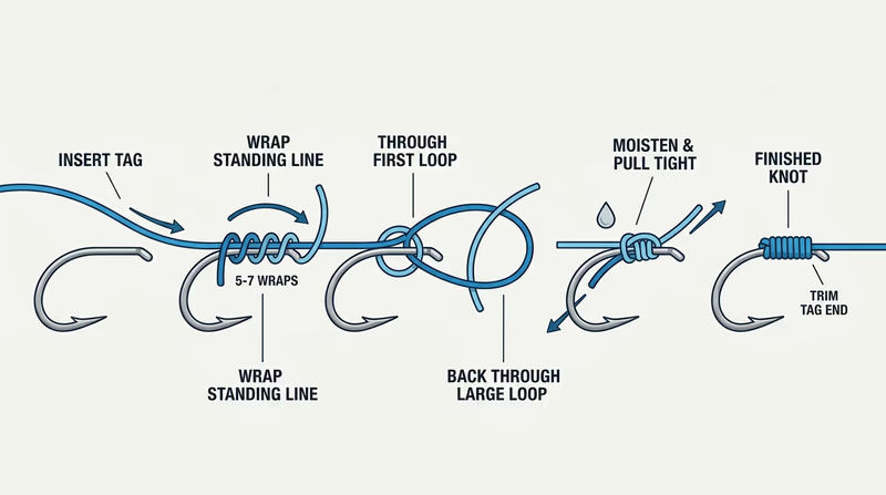 Step-by-step diagram of an improved clinch knot on a fly hook, showing wraps around the standing line, the tag through the first loop, back through the larger loop, and the finished knot seated at the eye