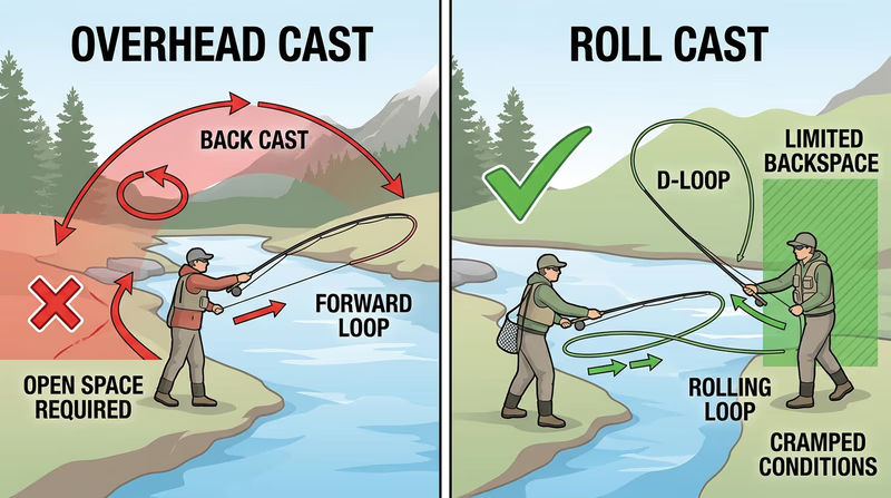 Side-by-side comparison of an overhead cast and a roll cast, showing line path, back-cast space needed, and the D-loop shape behind the rod in the roll cast