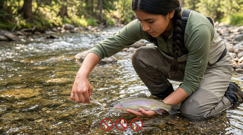 Annotated photo of hands gently supporting a fish upright in shallow water with wet hands, forceps removing the fly, and crossed-out wrong actions like squeezing, dry hands, and fingers in the gills