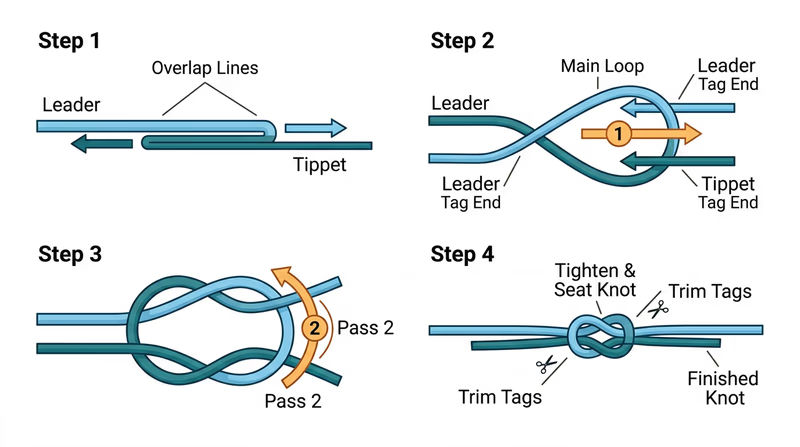 Step-by-step diagram showing leader and tippet overlapped, both tag ends passed twice through a shared loop, and the finished surgeon's knot seated with trimmed tags