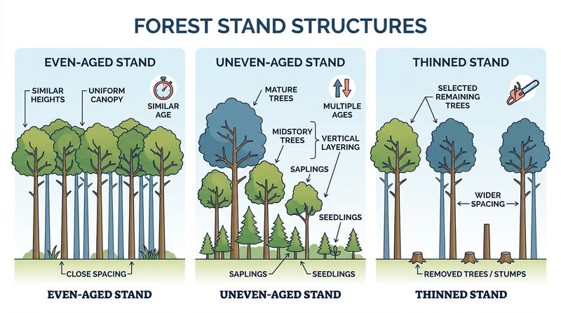 Side-by-side diagram of even-aged, uneven-aged, and thinned forest stands