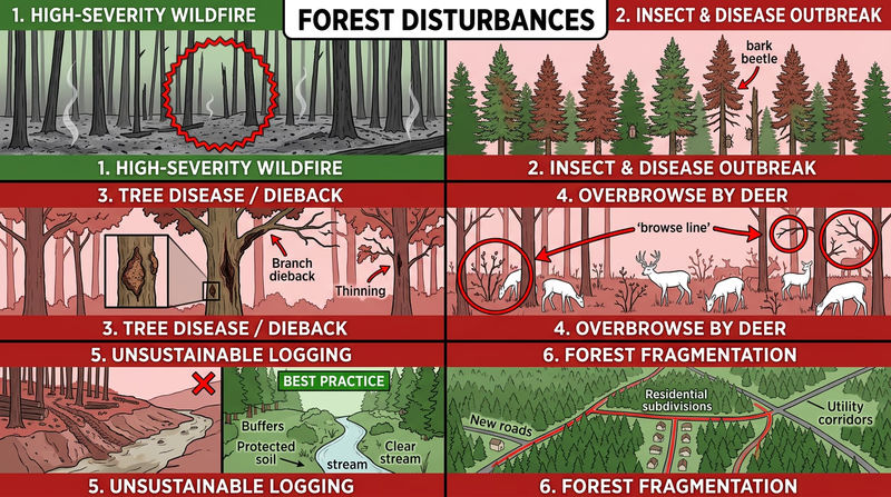 Six-panel comparison of major forest threats including wildfire, insects, disease, browse, erosion, and fragmentation