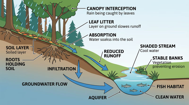 Cross-section diagram showing how a forested watershed protects soil, water, and stream habitat