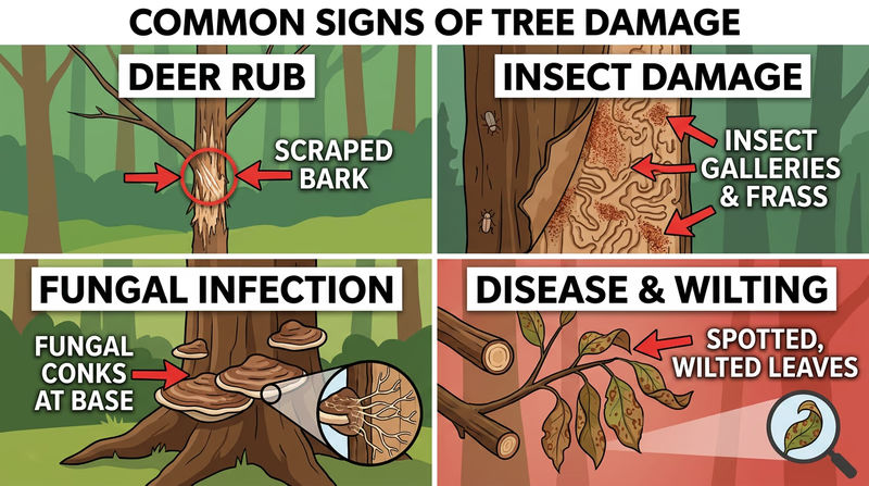 Four-panel comparison of deer rub, insect galleries, fungal conks, and diseased leaves