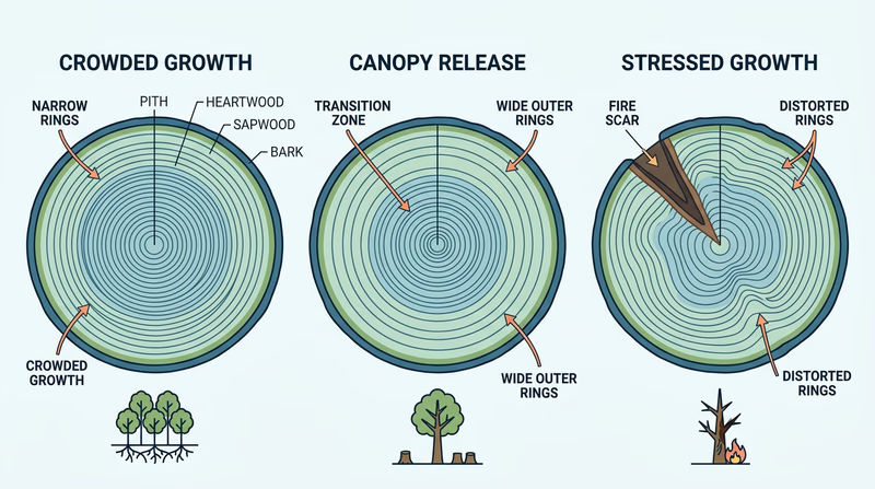 Three wood cross-sections comparing narrow rings, release growth, and scarred stressed growth