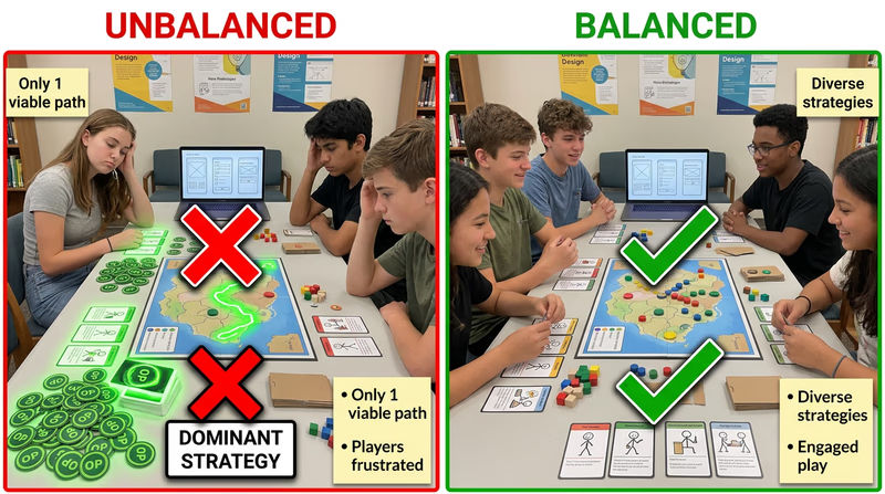 Comparison showing an unbalanced game with one dominant strategy next to a healthier balanced game with engaged players and multiple viable choices.