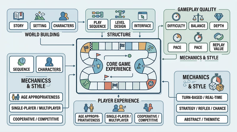 Diagram mapping major game design terms around a central game concept to show how ideas like story, balance, pace, and player structure relate.