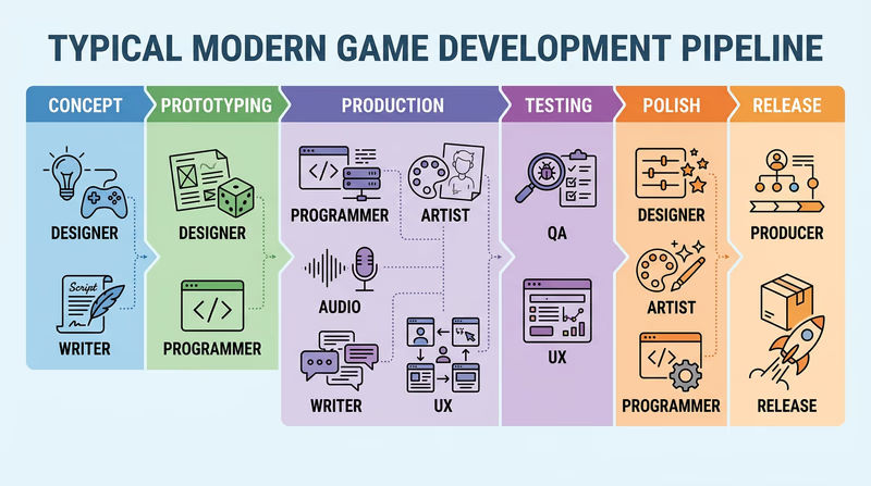 Pipeline diagram showing game development roles like designer, programmer, artist, writer, producer, audio, QA, and UX across project stages.