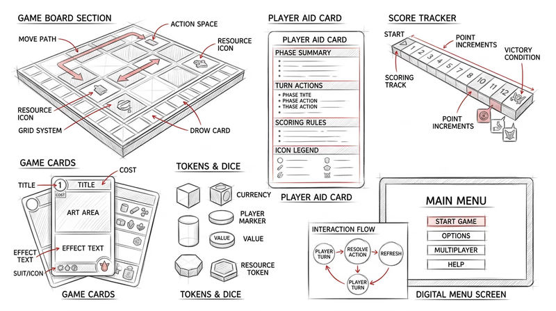 Sketch sheet showing rough game element drawings such as a board section, cards, tokens, score tracker, player aid, and menu mockup.