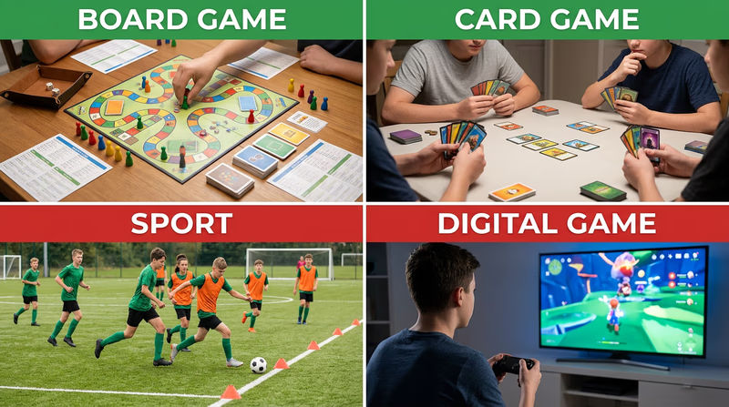 Four side-by-side game scenes comparing a board game, card game, sport, and digital game to show how medium changes setup and player interaction.