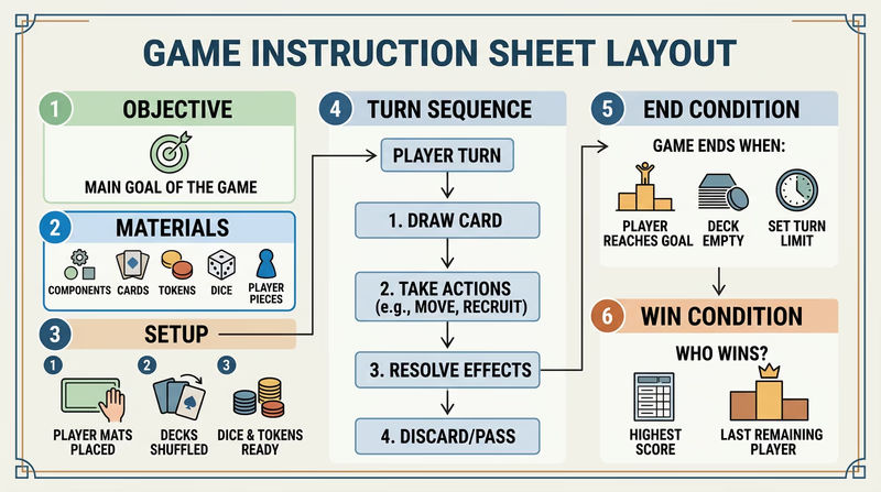 Example instruction sheet layout with sections for objective, materials, setup, turn sequence, end condition, and win condition.