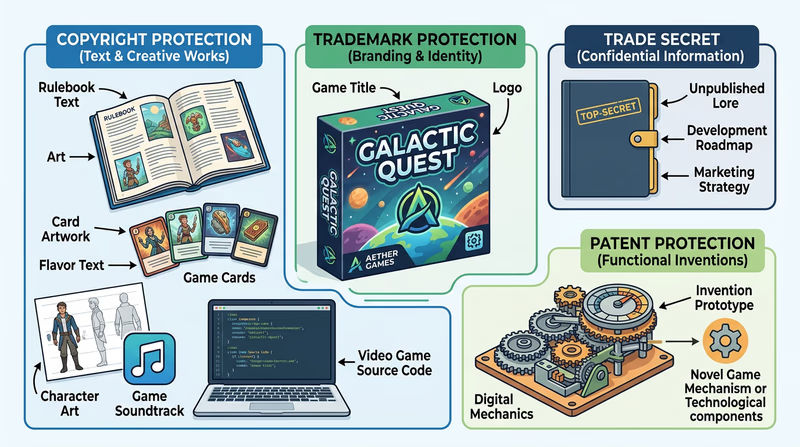 Diagram of a fictional game project broken into parts like logo, art, code, and rulebook to show different kinds of intellectual property protection.