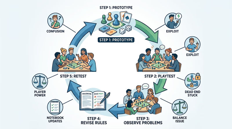 Circular diagram showing the repeated game design loop of prototype, playtest, observe problems, revise, and retest.