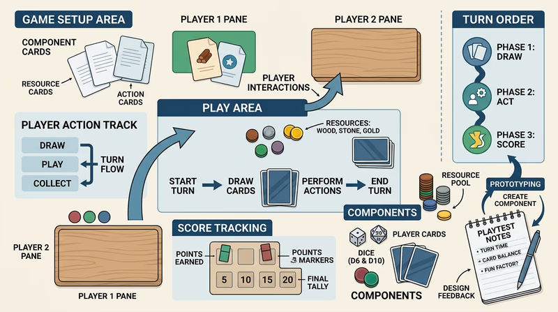 Top-down prototype layout showing setup area, player actions, turn order, score tracking, components, and shared resources.
