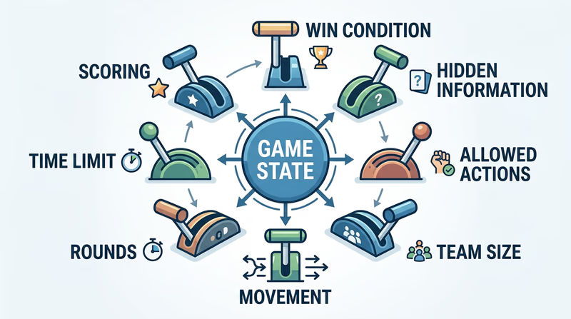 Diagram showing rule-change levers such as scoring, time, rounds, movement, and win condition all affecting a central game system.