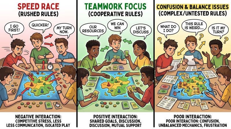 Three-column comparison of the same game under different rule changes, showing different player behavior such as teamwork, rushed play, and confusion.