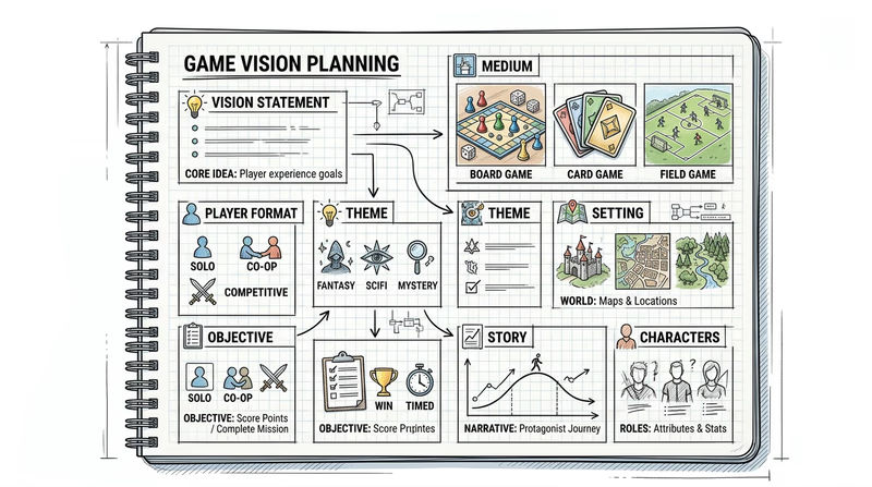 Illustrated game design notebook planner showing sections for vision statement, medium, player format, objective, theme, setting, story, and characters.