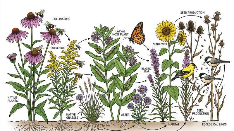 Educational scene showing native flowers connected to bees, caterpillars, songbirds, and seeds in one habitat web, making the wildlife relationships visible at a glance