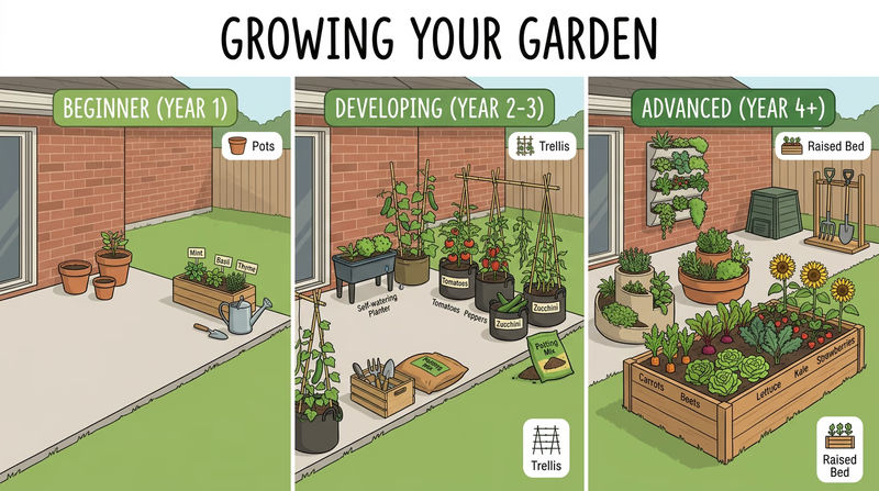 Comparison showing a beginner container herb setup, a mid-size patio vegetable arrangement, and a larger home garden setup to visualize short-term and long-term hobby growth
