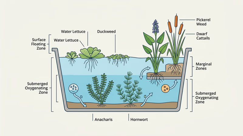 Cross-section of a small container water garden showing floating plants at the surface, submerged oxygenating plants below, and marginal plants rooted on raised shelves around the edge