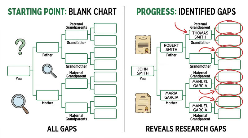 Side-by-side comparison of a blank pedigree chart and the same chart partly filled with names across three generations to show how empty spaces reveal research goals