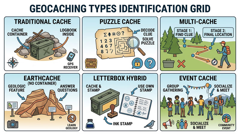 Identification grid comparing traditional, puzzle, multi-cache, EarthCache, letterbox hybrid, and event cache formats with a simple visual example for each so readers can distinguish the main advanced cache types at a glance