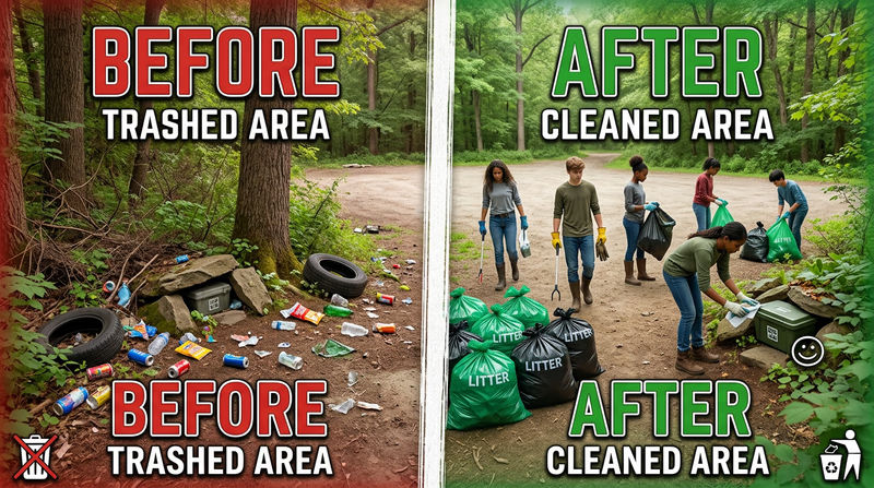 Before-and-after comparison of a cache area with scattered litter and the same area cleaned up with collected trash bags and safer walking space, showing the visible impact of CITO service