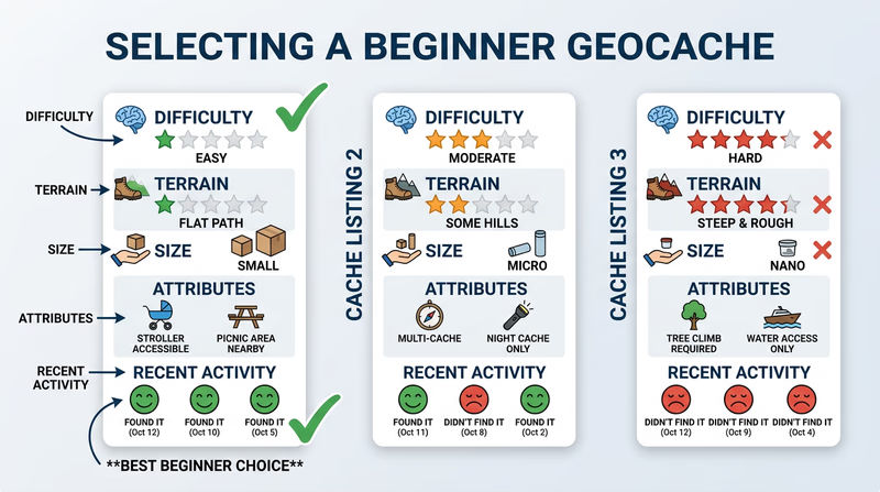 Three simplified cache listing cards side by side with difficulty, terrain, size, attributes, and recent-log highlights marked so readers can see how to compare candidates before picking a first cache