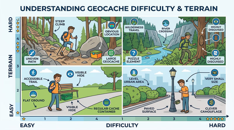Simple two-axis grid with easy-to-hard difficulty on one axis and easy-to-hard terrain on the other, using four example cache scenarios to show how the two ratings describe different kinds of challenge