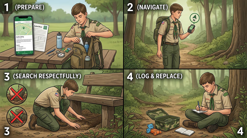 Four-panel sequence showing a Scout reading a cache listing, navigating with GPS, searching carefully at ground zero, and signing then replacing the cache so readers can see the full flow of a successful hunt
