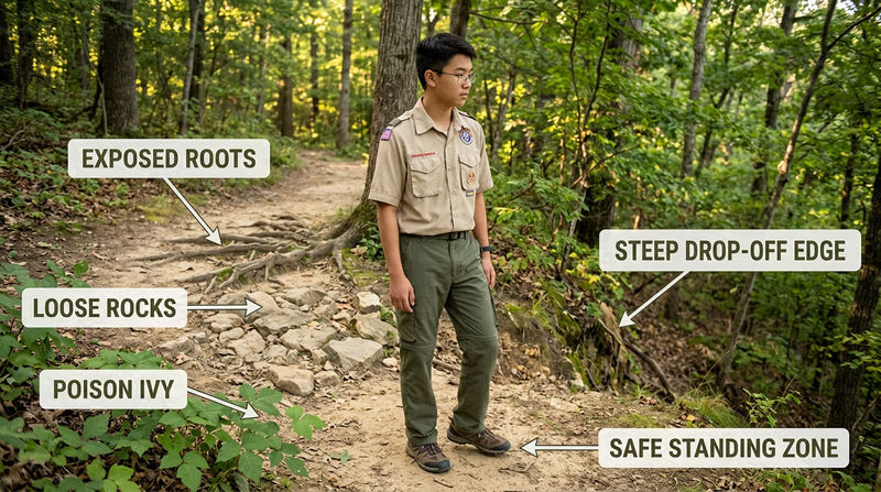 Annotated trail-side geocaching scene highlighting loose rocks, roots, a drop-off, poison ivy, and a safe standing zone so readers can see the kind of quick hazard scan they should do before searching