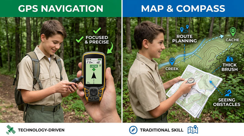 Side-by-side navigation scene comparing a Scout following a GPS arrow with a Scout using a map and compass overview of the same terrain, emphasizing precision versus big-picture route awareness