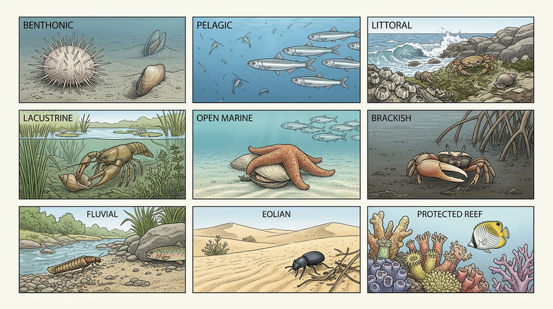 Grid of benthonic, pelagic, littoral, lacustrine, open marine, brackish, fluvial, eolian, and protected reef habitats with feeding examples