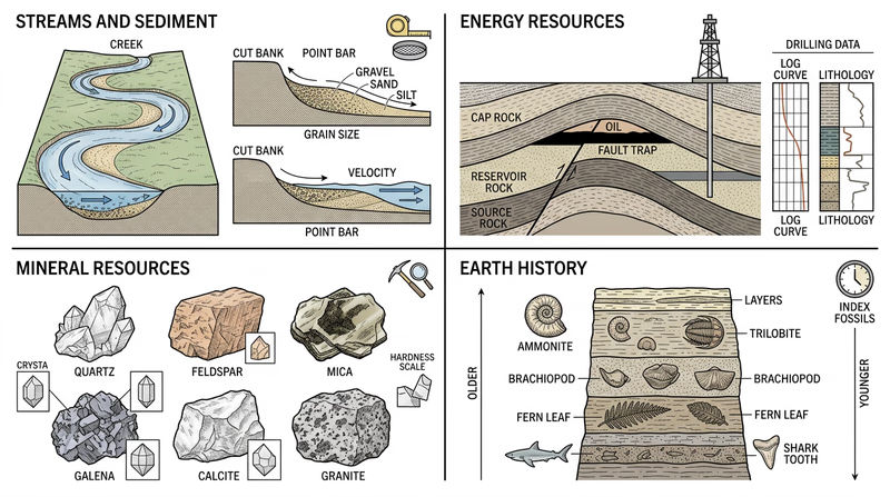 Four-quadrant overview of streams, energy resources, mineral resources, and Earth history pathways