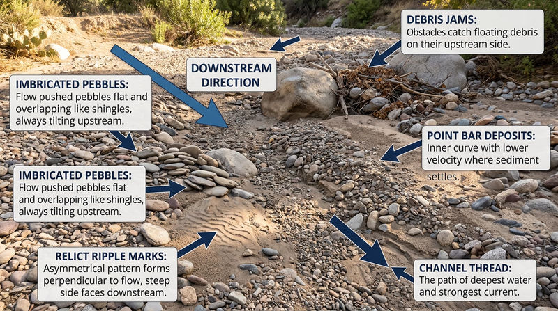 Dry streambed annotated with ripple marks, imbricated pebbles, point bar, debris pile, and downstream flow direction