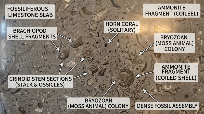 Polished fossiliferous building stone with visible shell fragments, crinoid stem pieces, and coral-like fossil patterns