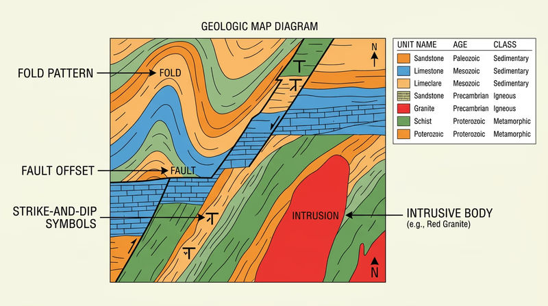 Simplified geologic map with legend, fold pattern, fault offset, intrusion, and strike-and-dip symbols