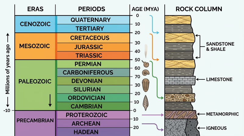 Vertical geologic timescale aligned with a simplified regional rock column and matching periods