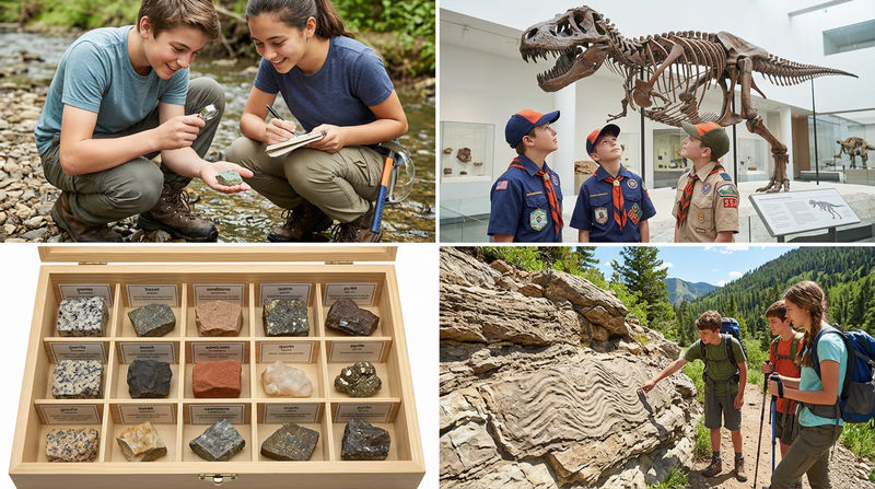 Four-panel collage showing rockhounding, museum learning, labeled specimen collecting, and geology-focused hiking