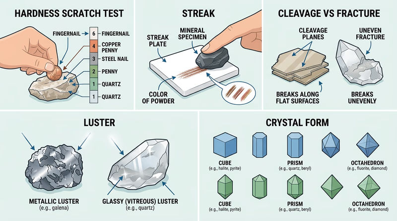 Diagram of mineral identification properties showing hardness, streak, cleavage, luster, and crystal form with simple specimen examples