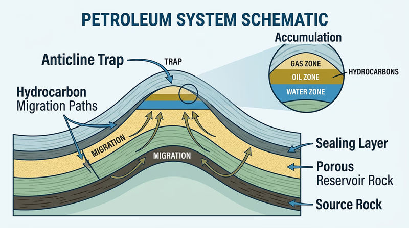 Geologic cross-section showing source rock, migration, porous reservoir, seal, and an anticline trap with oil and gas accumulation