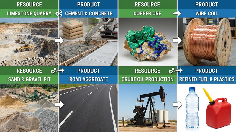 Side-by-side examples showing limestone, copper, sand and gravel, and oil alongside common products made from them