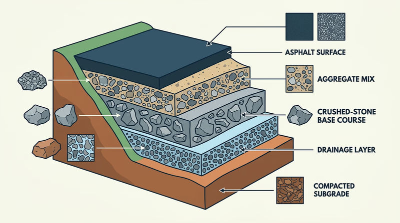 Road cutaway showing asphalt surface, aggregate mix, crushed-stone base, drainage layer, and subgrade