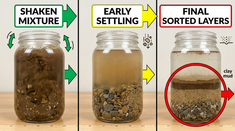Three-panel jar sequence showing mixed muddy water, early settling of coarse grains, and final sorted sediment layers