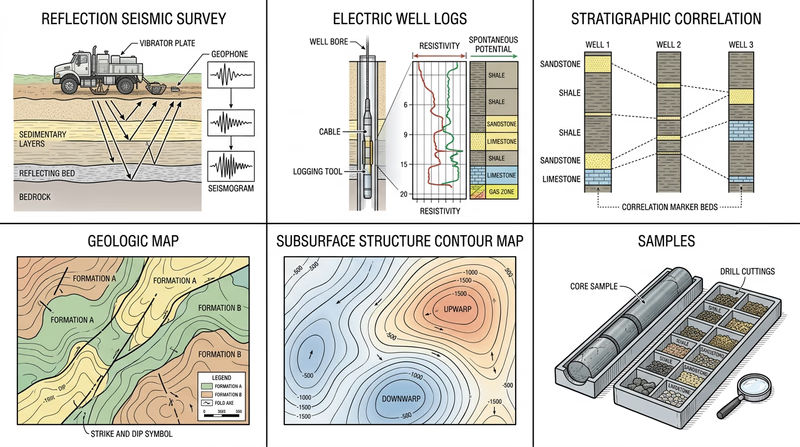 Grid showing reflection seismic, electric well logs, stratigraphic correlation, geologic map, structure map, and core or cutting samples