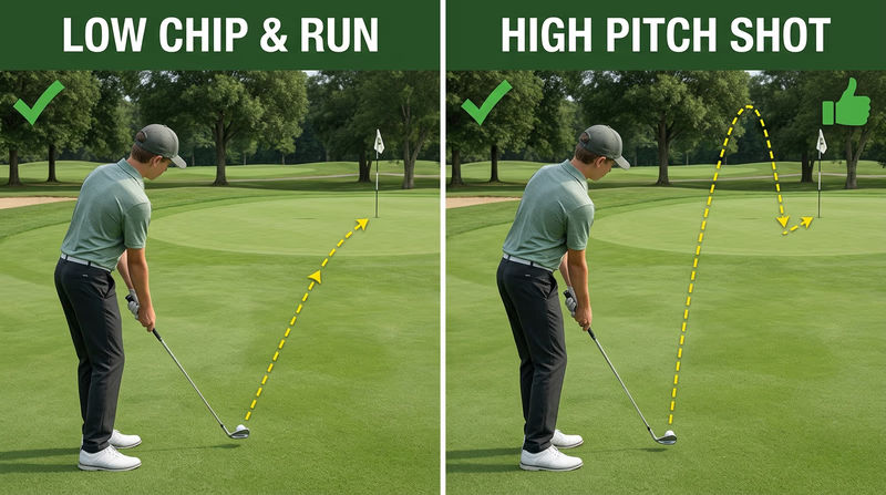 Side-by-side comparison of a low chip-and-run with long rollout and a higher pitch shot with soft landing and short rollout