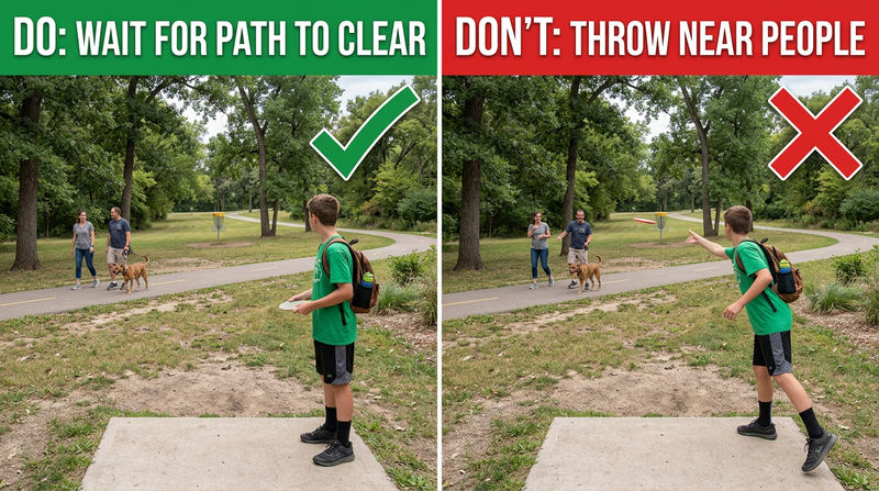 Comparison showing a disc golfer waiting for walkers to clear a shared path versus an unsafe throw released toward people